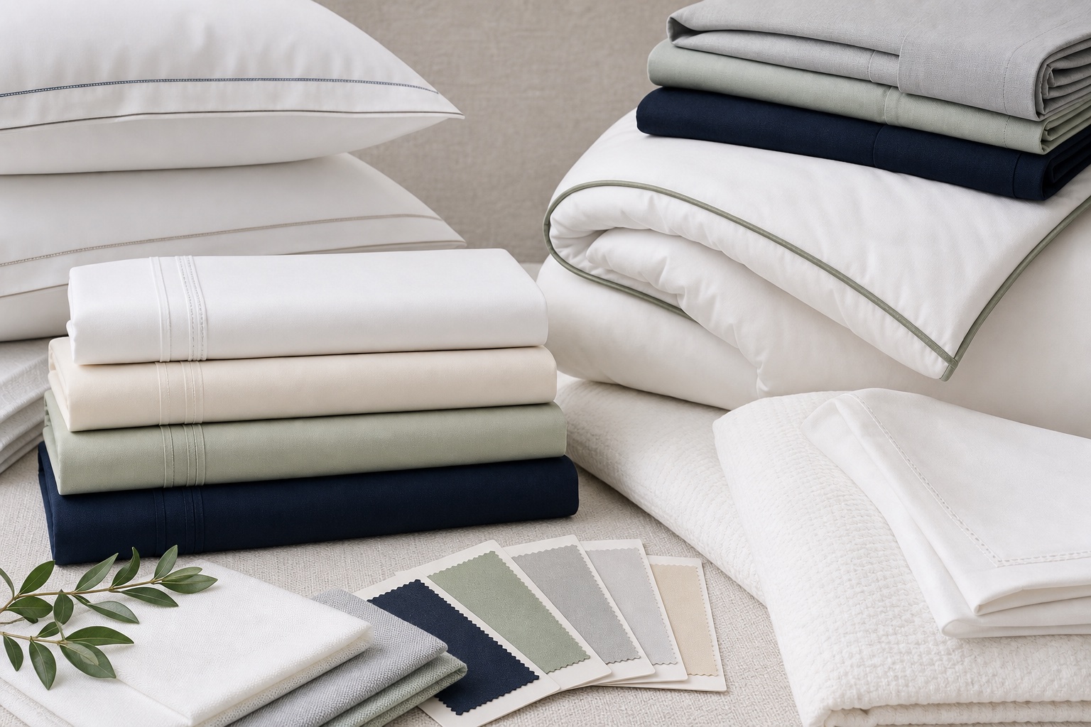 Bedding fabrics, color swatches, labels, and custom textile development materials